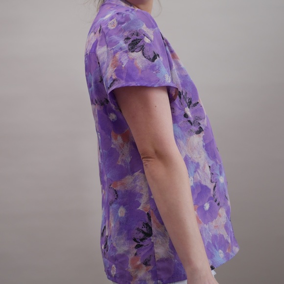 Button Up Shirt Vintage Collared Puff Short Sleeve Purple Floral Print Medium - Picture 5 of 7